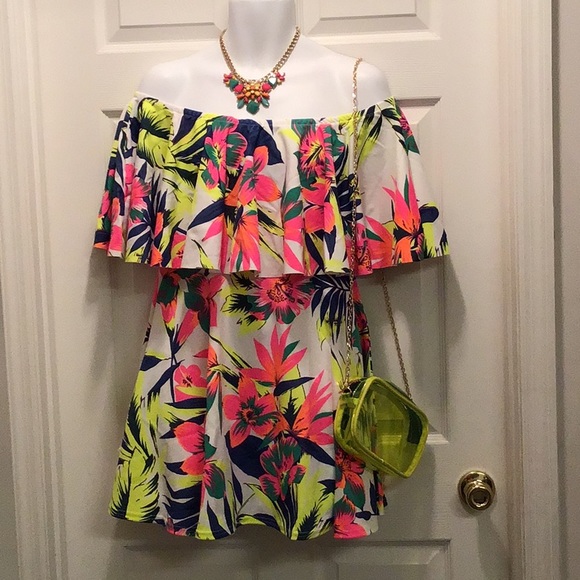 Missi London Dresses & Skirts - Off-Shoulder Tropical Print Mini Dress - Neon Floral